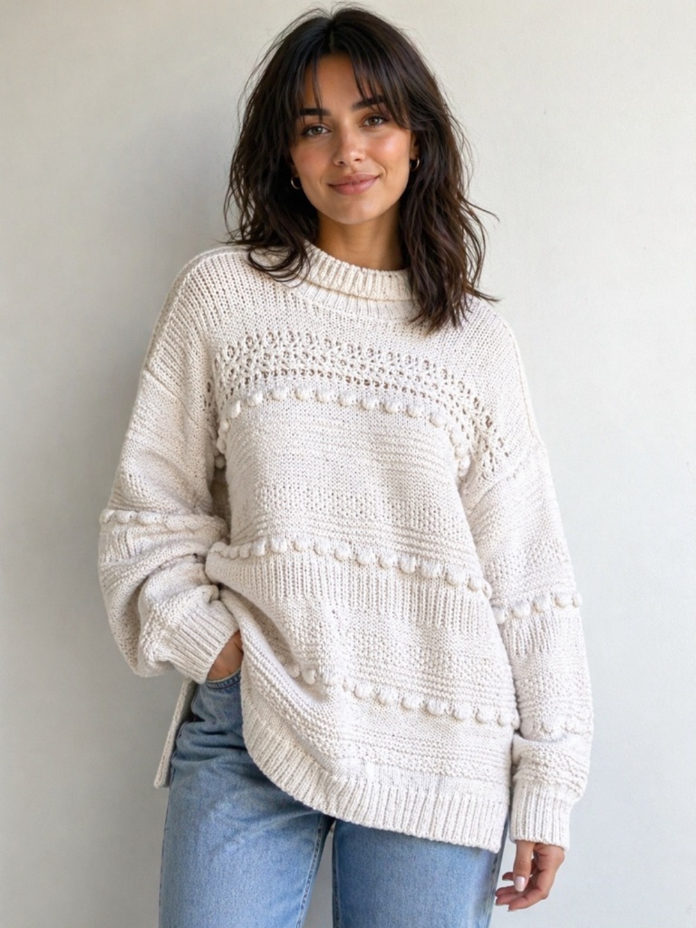 Lou & Grey Sweater Sz Small Pom Pom Knit Side Slit